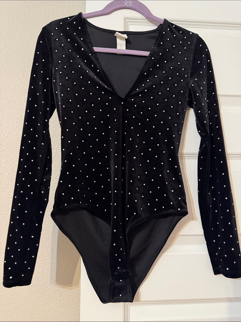 H&M Black Velvet Long-Sleeve Rhinestone Bodysuit